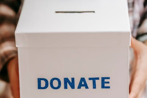 Benefits - Crop anonymous person showing donation box