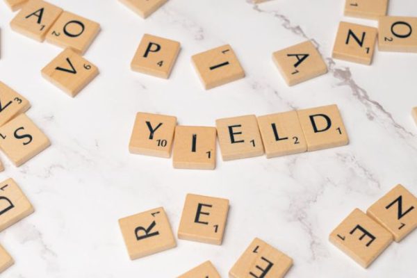 Dividend - Scrabble letters spelling yield on a white table